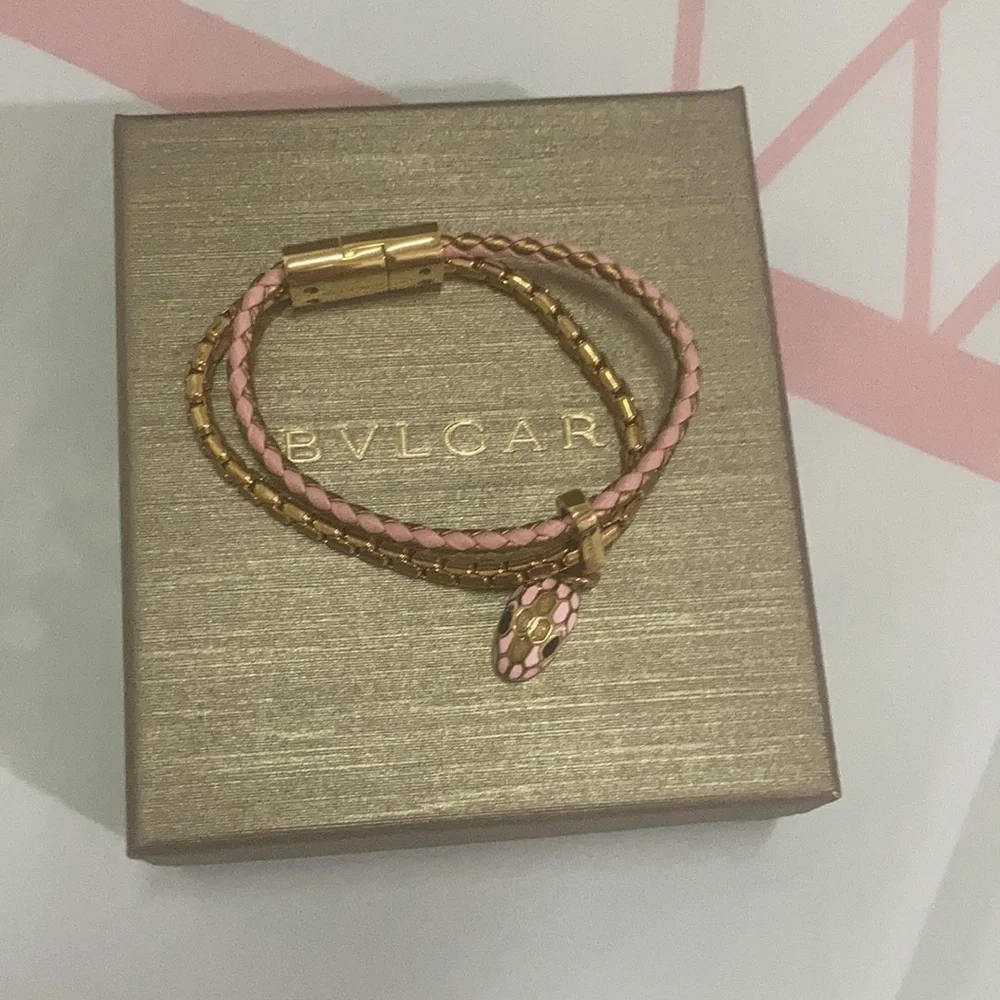 Bvlgari Snake Head Charm Metal Calfskin Bracelet Size 14.5cm - Picture 2 of 11